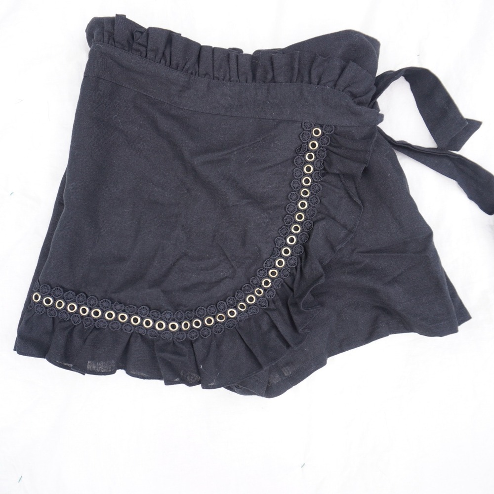 MISA Los Angeles Ruffle Shorts Eyelet Trim Paper Bag Waist Black S Goth Linen